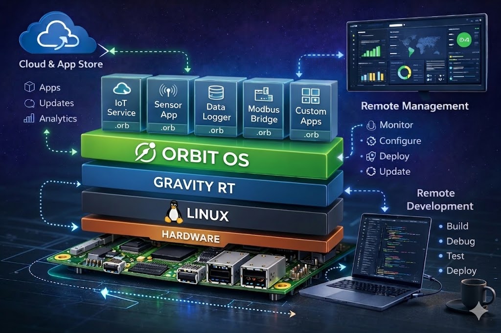 OrbitOS architecture diagram — Hardware, Linux, Gravity RT, OrbitOS runtime, .orb apps, Cloud Store, Remote Management and Remote Development