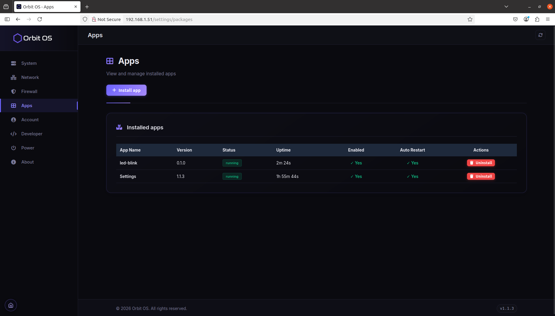 Settings — Apps — led-blink running