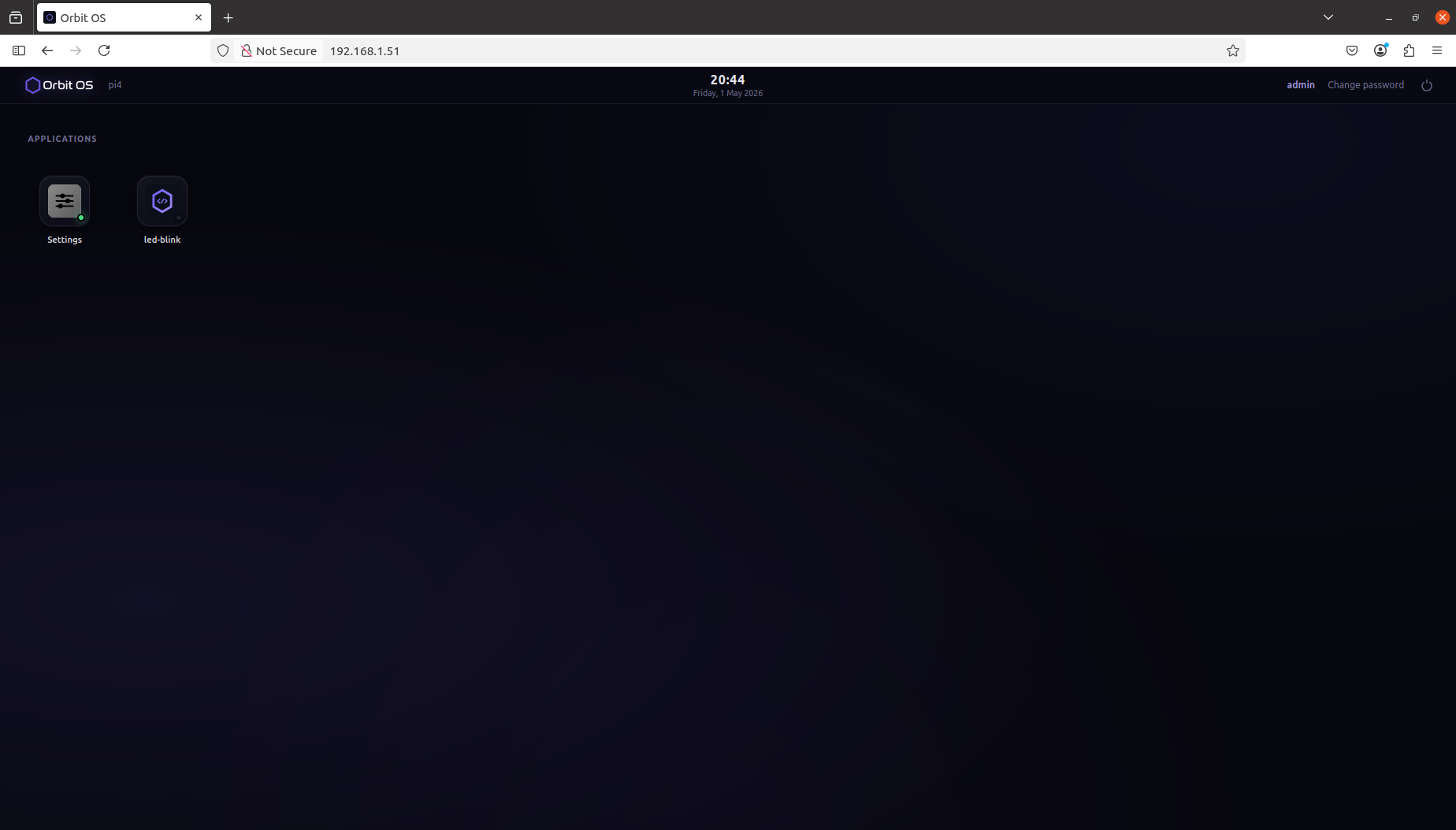Orbit OS Launcher — led-blink app installed and visible