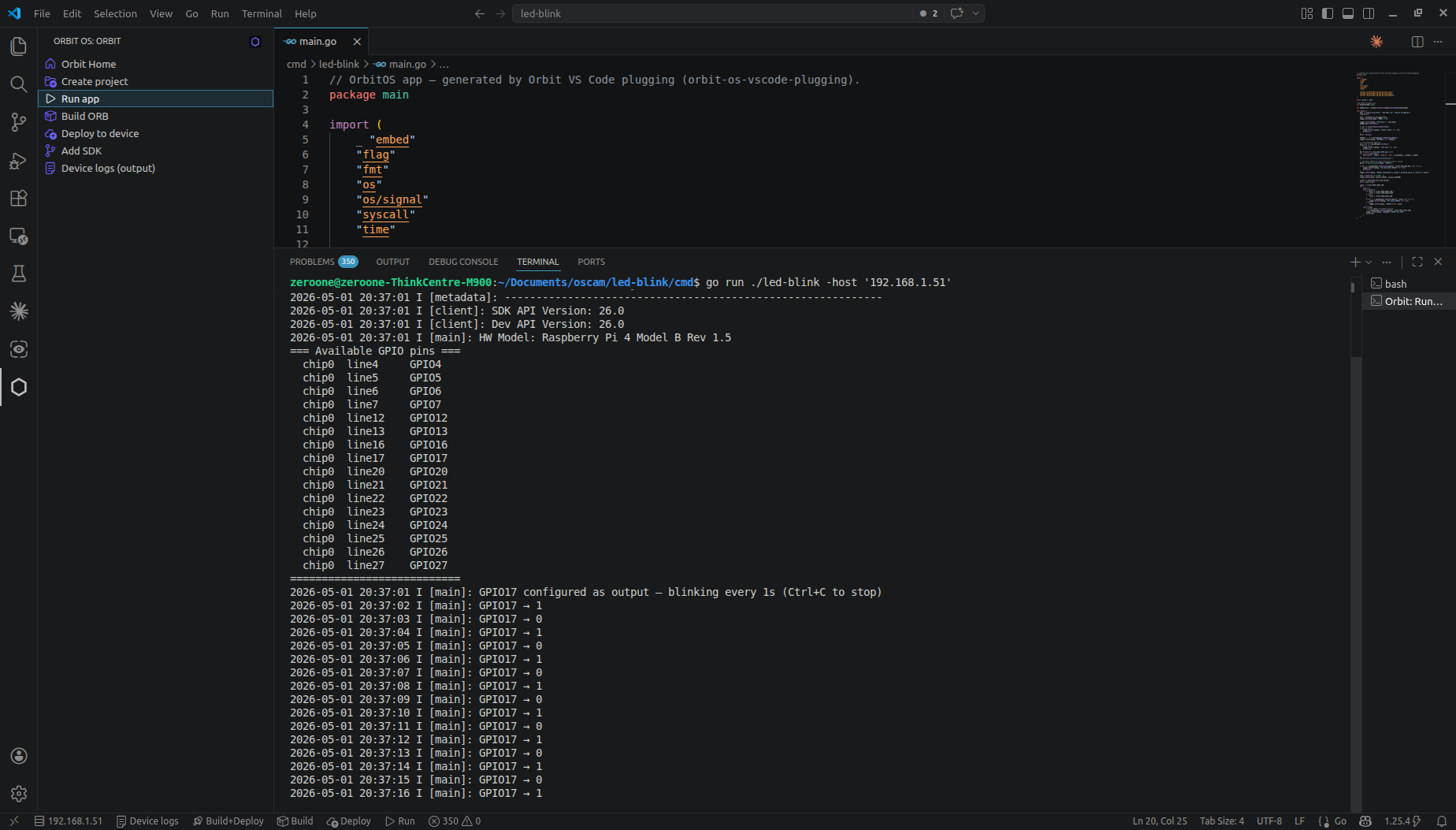 Orbit Studio — GPIO17 blink running, terminal log visible