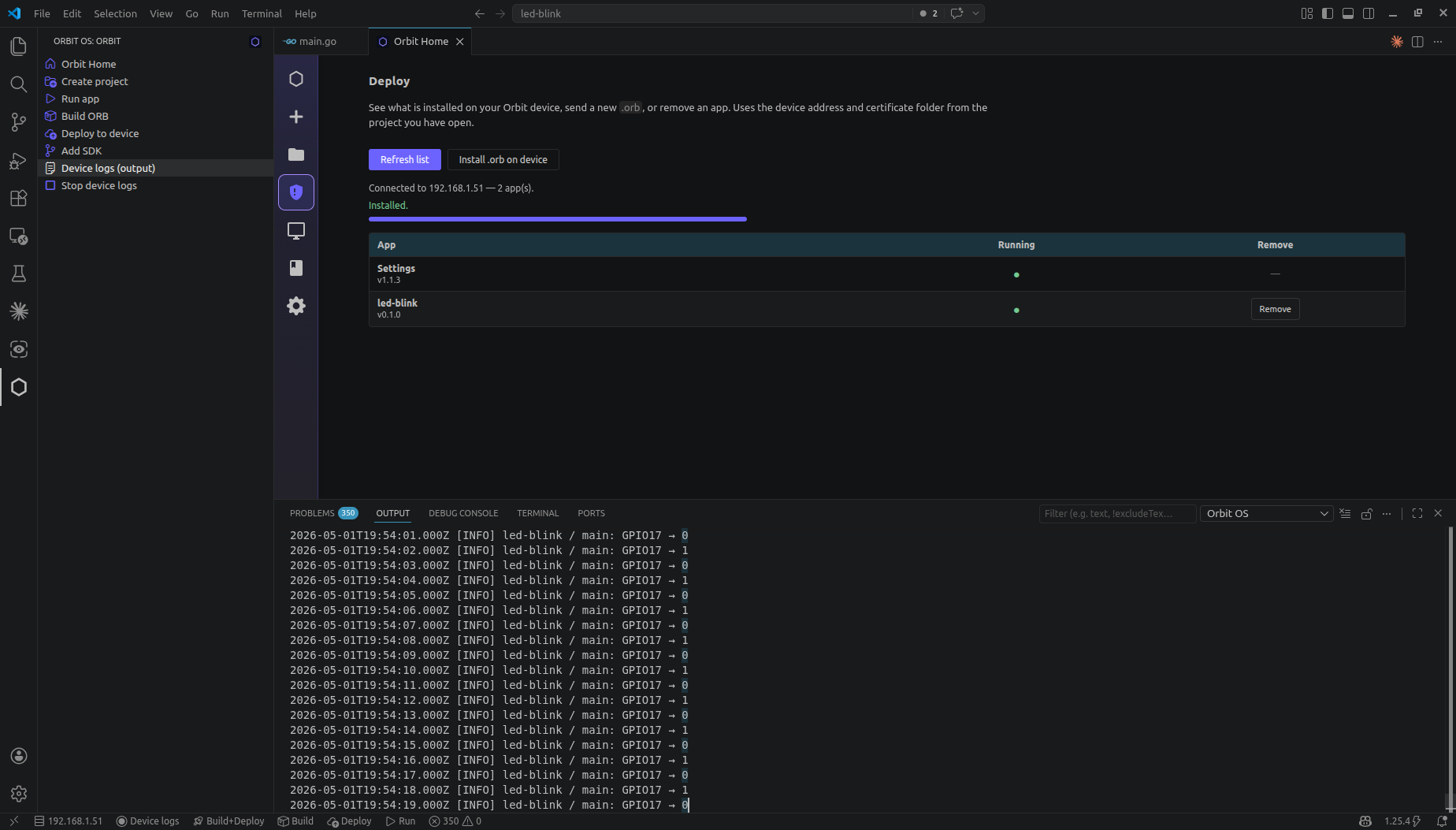 Orbit Studio — Real-time device log in VS Code Output panel