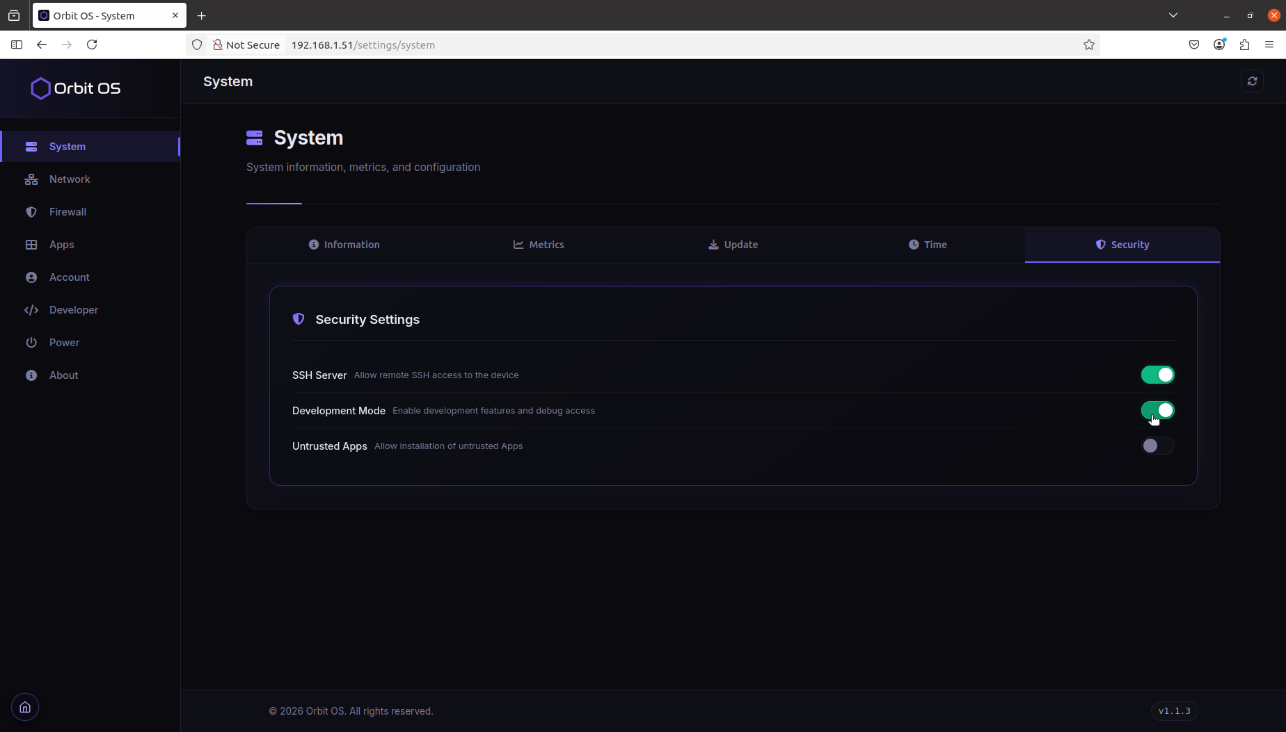 Settings — Developer Mode enabled