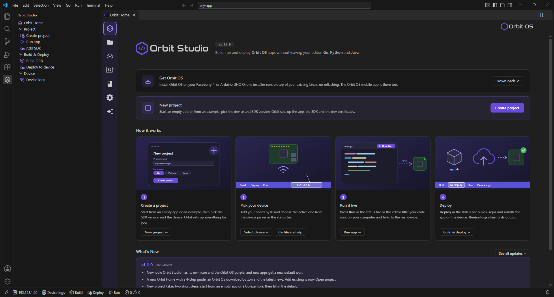 Orbit Studio home screen in VS Code — build, deploy, and manage Orbit OS apps without leaving your editor
