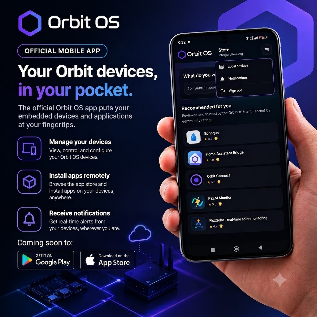 Orbit OS mobile app — manage devices, install apps, and receive push notifications